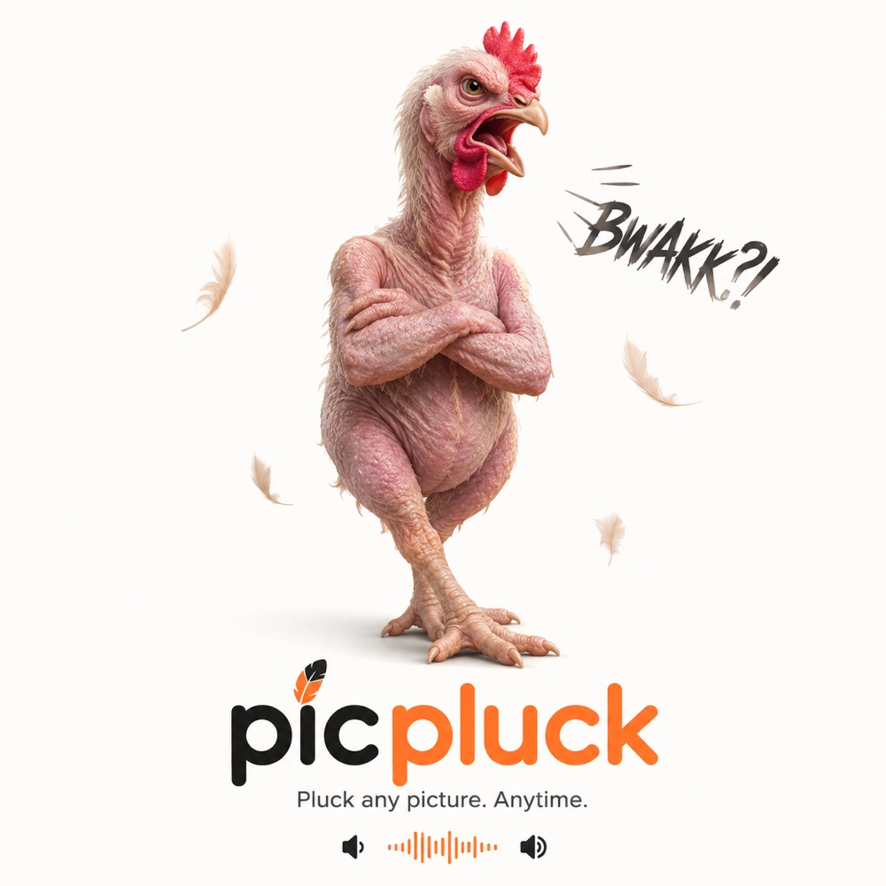 PicPluck — a plucked chicken squawking BWAKK?!